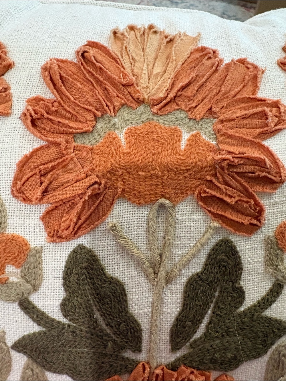 Embroidered Floral Throw Pillow. Fall square texture accent autumn orange green - Picture 7 of 8